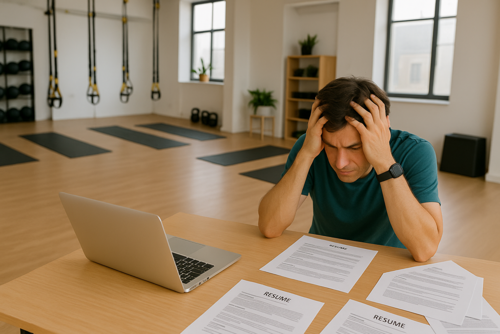 A male fitness studio owner looks stressed while reviewing a stack of resumes at his desk inside a boutique gym.