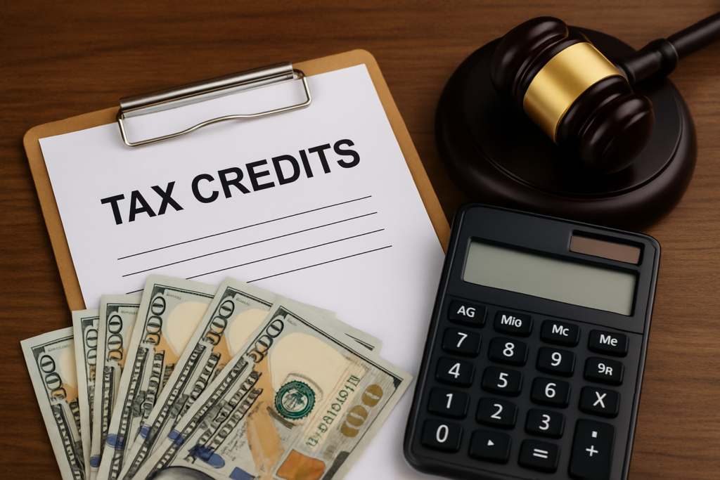 Tax credits concept with cash, calculator, and clipboard on desk