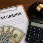 Tax credits concept with cash, calculator, and clipboard on desk